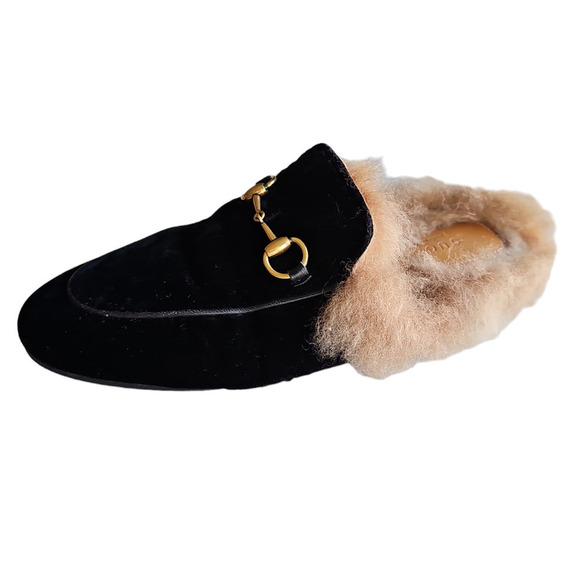 Gucci Princetown Velvet Fur-Lined Mule Black Size 6 - Picture 7 of 14